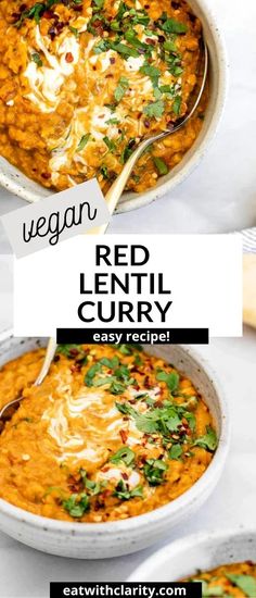 red lentil curry in a white bowl with a spoon and text overlay that reads vegan