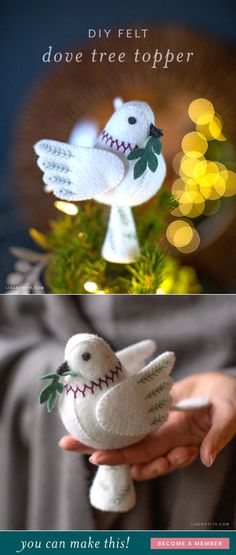 two different pictures with the words diy felt dove tree topper on them and an image of a hand holding a white bird