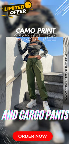 Level up your casual look with this Camo Print Crop Tee and Cargo Pants set! 🖤🔥 Stay on trend with this effortlessly stylish outfit, perfect for outdoor adventures or a day out with friends. Comfortable, chic, and versatile! #CamoPrint #CargoPants #CropTee #StreetStyle #CasualLook #OutdoorFashion #TrendyOutfit #UrbanStyle #EffortlessFashion #VersatileWardrobe #ComfortableWear #FashionCombo #AdventureReady #ChicAndCasual #OnTrend Outdoor Fashion, Camo Print, Crop Tee, Urban Fashion, Outdoors Adventure, Effortless Style, Cargo Pants, Trendy Outfits, Stylish Outfits