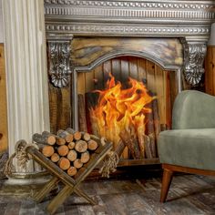 a living room with a chair and fire place in it's center, surrounded by wood logs