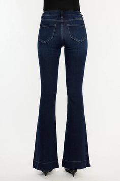 High rise flare jeans, dark stone wash. Slightly stretchy. Non distressed. Zipper fly with button closures. Classic front and back pockets. Belt loops. KC7124D 10" RISE , 33" INSEAM IN SIZE 5/2694% COTTON, 4% POLYESTER, 2% SPANDEX12.3 OZ Classic Dark Wash Flare Jeans With Button Closure, Mid-rise Dark Wash Flare Jeans With Pockets, Dark Wash Flare Jeans With Button Closure, Non-stretch Dark Wash Flare Jeans, Baseball Hat Hairstyles, Dark Wash Mid-rise Flare Jeans With Button Closure, High Rise Flare Jeans, Short Jean Skirt, Dark Denim Jeans