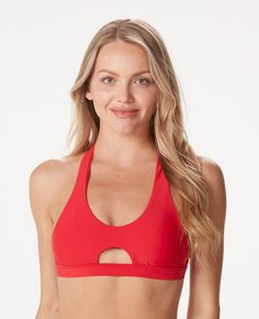 Alex Hybrid Top - Red – REVLY Sporty Padded Swimwear For Workout, Sports Halter Top With Built-in Bra, Sporty Bra-friendly Halter Top With T-back, T-back Sports Bra With Removable Pads, Sports Bra With Removable Pads For Swimming, Sporty Solid Swimwear With Removable Bra Pads, Red Triangle Halter Top Bra Friendly, Sporty Bra-friendly Halter Top For Sports, Red Triangle Halter Top With Bra-friendly Design