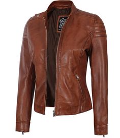 Cognac Fitted Leather Jacket Women
This beautiful piece is crafted from 100% real lambskin leather for a luxurious feel and look. The rich cognac color is perfect for adding a touch of sophistication to any outfit. The internal polyester lining ensures comfortable wear, while the snap tab collar and zipper cuffs add an extra touch of style. The jacket also features two outside pockets and one inside pocket for convenient storage. Black Leather Jacket Women, Classic Cafe Racer, Peplum Leather Jacket, Fitted Leather Jacket, Asymmetrical Leather Jacket, Leather Aesthetic, Racer Leather Jacket, Classic Cafe, Womens Leather Jacket