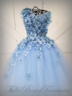 Hydrangea Outfit, Periwinkle Hydrangea, Dress With Ribbon Straps, Periwinkle Dresses, Flower Petal Dress, Unique Flower Girl Dresses, Blue Flower Girl Dress, Hydrangea Dress, Flower Dress Design