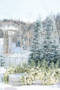 an outdoor ceremony setup with white flowers and greenery in the foreground, surrounded by snow - covered trees