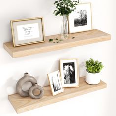 two wooden shelves with pictures and plants on them