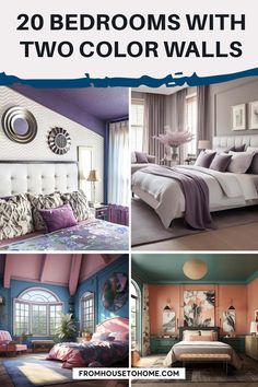 the bedroom with two color walls is featured in this postcard style photo collage