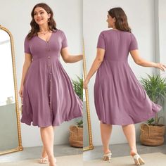 Mauve Purple Button Front A-Line Dress With Short Sleeves And V-Neck Neckline Curvy Outfits Summer, Boho Wear, Shein Brasil, Causal Dresses, Berry Avenue Codes, Spandex Dress, Statement Dress