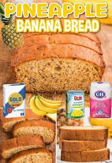 an advertisement for pineapple banana bread with bananas and yogurt on the side