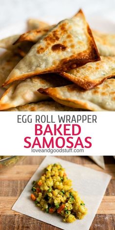 egg roll wrapper baked samosas on a cutting board with text overlay