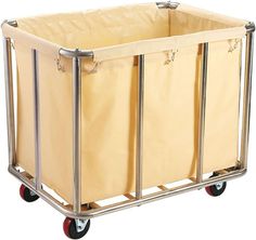 a metal cart with three yellow bins on wheels