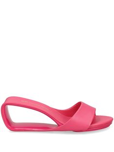 hot pink faux leather single toe strap round open toe slip-on style branded insole 65mm wedge heel rubber outsole Nude Wedges, United Nude, Slip On Mules, Synthetic Rubber, Leather Mules, Artificial Leather, Mule Clogs, Mules Shoes, Wedge Heels