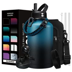 an image of a blue water bottle with accessories around it and the package in front