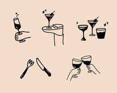 hand holding wine glasses with different types of drinks and utensils in them,