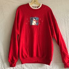 Vintage Top Stitch Embroidered Sweatshirt Red With Snowman New With Tags White Collar Trim Inside Medium Weight Material Item 111 Casual Embroidered Christmas Top, Casual Christmas Tops With Embroidered Graphics, Embroidered Crew Neck Winter Tops, Red Embroidered Crew Neck Sweater, Red Relaxed Fit Top With Embroidered Graphics, Red Embroidered Tops For Fall, Casual Red Embroidered Sweatshirt, Casual Red Embroidered Sweater, Red Long Sleeve Sweatshirt With Embroidered Graphics