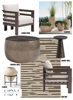 an assortment of modern furniture and accessories including chairs, tables, planters, and vases