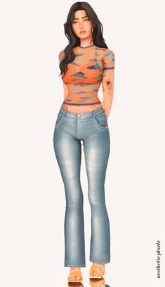 a woman in jeans and an orange top is standing with her hands on her hips