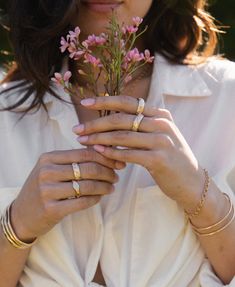 Thick banded ring with floral pattern. Gold Filled or Sterling Silver. Sizes Available: 4-15. If you need another size, please contact us. Pictured on models index finger. Handmade for you in our Long Beach, CA studio. Comes with branded pouch. Free shipping on orders $150+ Stackable Bands For Promise Ring, Everyday Open Band Jewelry, Dainty Spring Wedding Rings, Adjustable Rings For Everyday Wear, Adjustable Everyday Ring, Double Band Midi Rings For Gift, Gold Promise Rings For Spring, Delicate Toe Flower Ring, Everyday Toe Ring