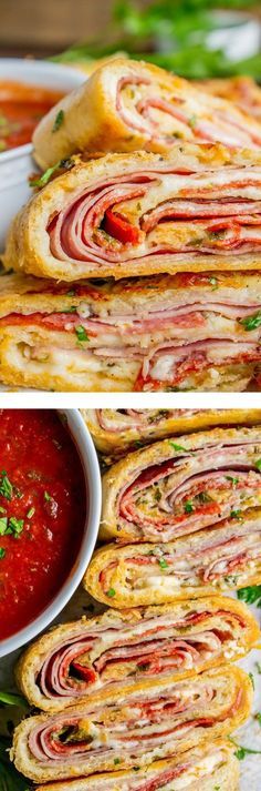 two pictures of sandwiches with tomato sauce on the side