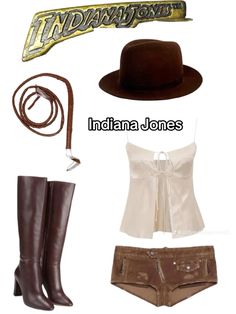 indiana jones costume and accessories including boots, hat, belt, tie, vest, shirt