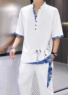 Casual White V Neck Print Patchwork Ice Silk Men T Shirt And Beam Pants Two Piece Set SummerFabric: Ice SilkSize & Fit: Fit: This garment fits true to size.Length: Size XL measures 29.835"from shoulder to hem Waist: Loose Fit. Comfortable room throughout midsection.Hip: Loose Fit - room for hips. Hand Wash Cold. White Patchwork Sets For Summer, White Patchwork Summer Sets, White Short Sleeve Patchwork Sets, White Patchwork Short Sleeve Sets, Casual Patchwork Short Sleeve Sets, Casual Patchwork Short-sleeved Sets, White Cotton Sets With Patchwork, White Crew Neck Sets For Spring, Cotton Patchwork Crew Neck Sets