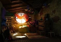 an animated image of a bedroom with lots of stuff on the floor and in front of a round window