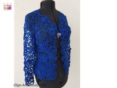 Irish Lace Crochet cardigan -Royal blue Crochet Flower Cardigan for Women Long Sleeve- wedding cover up lace cardigan for mother of Bride. Size M-L USA  letters size. If you live in one of the countries that apply VAT, this fee will be automatically added to the amount of your purchase.   If you want to get a unique author's designer thing in the right size and color in the old technique of Irish lace, but you can't crochet, write me, sometimes I crochet to order. I do not accept returns, exchanges or cancellations But please contact me if you have any problems with your order. You can personally discuss all issues with me - write me in a message . https://www.instagram.com/irishlace_olga_anastasya/ Or + 375-29-196-83-38 WhatsApp or mail to me:  olgastar021275@gmail.com Thank you for visit Elegant Blue Formal Cardigan, Elegant Crochet Lace Cardigan, Fitted Elegant Cardigan With Crochet Lace, Elegant Long Sleeve Cardigan With Crochet Lace, Crochet Flower Cardigan, Lace Crochet Cardigan, Flower Cardigan, Royal Blue Lace, Cardigan For Women