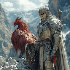 a man dressed in armor standing next to a bird on top of a rock covered mountain