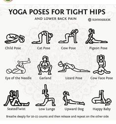 yoga poses for tight hipss and lower back pain, illustrated in black on white