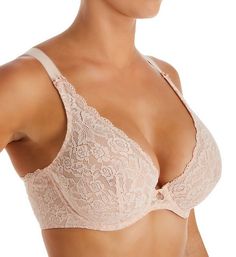 This bra features a gorgeous lace overlay and a dramatic plunge neckline adorned with scalloped trim and tiny satin bows. Made from polyamide, elastane and polyester. Underwire cup is sheer and unlined (unpadded) with a lace overlay and a vertical dart for shape. Plunge neckline has sewn-on elastic for fit with scalloped lace edges. Center - narrow, low, arched panel is more comfortable for high tummies, with an Aubade charm at top. Sewn-on elastic underband gives a closer fit. Tall sides of str Elegant Bra With Lace Bodice, Lace Bodice Bra For Weddings, Elegant Underwire Bra With Lace Bodice, Lace Closure Bra For Wedding, Wedding Bra With Lace Closure, Elegant Lace Bra With Contrast Lace, Elegant Contrast Lace Bra, Elegant V-neck Summer Bra, Feminine V-neck Fitted Bra