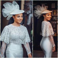 two pictures of a woman wearing a white dress and hat with sheer sleeves on her head