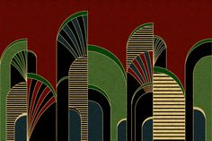 an art deco poster with abstract shapes and lines in red, green, black and gold