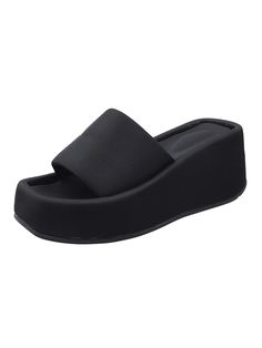 LBSFY - Women's Shoes, Slippers for External Wear, New High Rise Thick Sole Sloping Heel High Heels for The 2024 Summer Season Black Slip-on Platform Slippers With Thick Bottom, Black Wedge Heel Platform Slippers For Spring, Platform Slippers With Cushioned Footbed And Round Toe, Black Eva Platform Slippers With Wedge Heel, Black Eva Platform Slippers For Summer, Black Wedge Heel Platform Slippers, Trendy Black High Heel Platform Slippers, Comfortable Black Slip-on Wedge Sandals, Black Platform Slippers With Thick Bottom And Round Toe