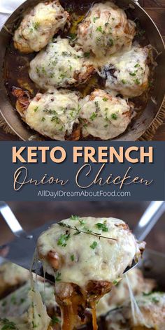 a plate full of chicken covered in cheese and sauce with the words keto french