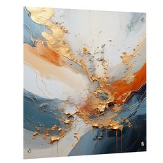 an abstract painting with gold, blue and white colors on it's canvases