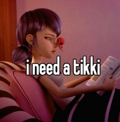 a girl reading a book with the words i need a tiki in front of her