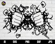 a black and white drawing of two fists breaking through a brick wall with the words,'all svg png dxf