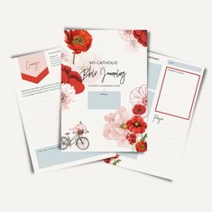 three postcards with red flowers on them