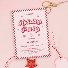 a holiday party flyer with a star ornament on it next to a pair of scissors