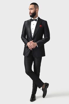 Black silk jacquard tuxedo jacket with abstract pattern and stitch lines texture. - Aza Fashions Designer Black Tuxedo For Groom, Black Tuxedo For Groom Festive Occasion, Long Sleeve Tuxedo For Black-tie And Festive Events, Festive Black Tuxedo For Groom, Festive Tuxedo For Black-tie Events, Festive Long Sleeve Tuxedo For Black-tie Events, Classic Black Tuxedo For Festive Occasions, Classic Black Festive Tuxedo, Festive Black Tuxedo With Notch Lapel