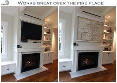 two pictures of a fire place in a living room with built - in bookshelves