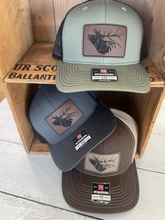 Elk engraved patch hunting hat! Choose from 3 colors of the Richardson 112 SnapBack adjustable hat! Brown/tan, dark grey and black, and loden/black! All hats ship in a box! Hunting Hats Mens, Black Hunting Cap, Country Hats Men, Country Outfits Men, Farm Hat, Hunting Gifts For Men, Country Hat, Hunting Hats, Hat Bar