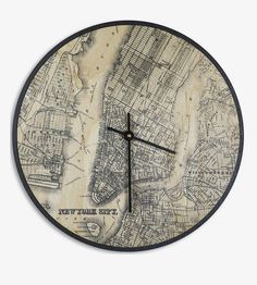 a wooden clock with an old map of new york city on it's face