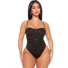 Attract Better Bustier Bodysuit - Black- Med Fashion Nova -95% Polyester 5% Spandex- Cheeky Bottom- Stretchy- Padded/Molded Cups- New Never Worn Chic Bodysuit With Straps For Night Out, Black Bodysuit With Built-in Bra For Club, Black One-piece Bodysuit With Straps, Fitted Underwire Bodysuit With Straps, Fitted Straps Bodysuit Shapewear, Fitted Straps Shapewear Bodysuit, Black Underwire Corset For Club, Fitted Shapewear Bodysuit With Straps, Chic Black High Waist Corset