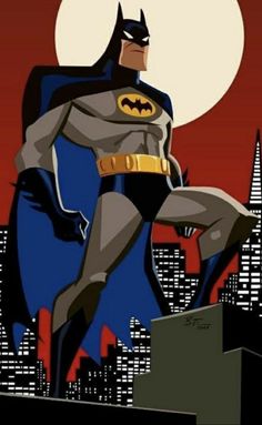 batman sitting on top of a building with the moon in the sky behind him and cityscape in the background