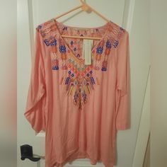 Nwt Salmon Pink Boho Style Embroidered 3/4 Sleeve Blouse By Soft Surroundings. Johnny Was Style. Clothes For Women Over 50, Pink Boho, Salmon Pink, Soft Surroundings, Johnny Was, Boho Style, Boho Fashion, Casual Dresses, Sleeve Blouse