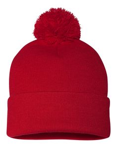 Pom-Pom 12" Knit Beanie - RED - ONE SIZE | Sportsman Pom-Pom 12" Knit Beanie Hat in Red | Acrylic Greek Shirts, Red Beanie, Fraternity Apparel, Embroidered Monogram, Knit Beanie Hat, Pom Beanie, Leather Patches, Pom Poms, Online Shopping Clothes