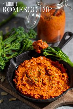 Romesco dip in a small black pan surrounded by broccoli spears, with a bottle of sauce in the background. Roasted Capsicum Dip, Roasted Vegetable Dip, Romesco Dip, Feta Pizza, Homemade Sausage Rolls, Cauliflower Steak, Amazing Drinks, Fast Meals, Healthy Cheesecake