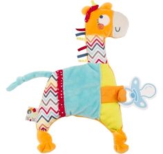 a stuffed giraffe toy is shown on a white background with an orange, yellow and blue design