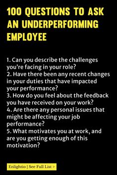 a poster with the words 100 questions to ask an underperforming employee